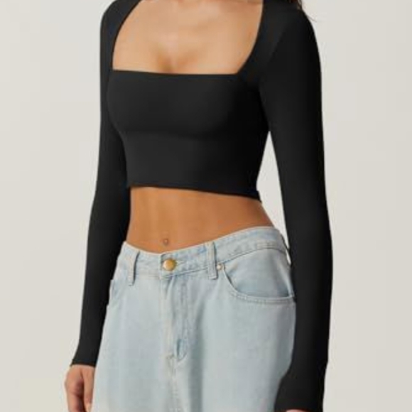 QINSEN Women's Sexy Square Neck Crop Top Long Sleeve Slim Fit, New, L - Picture 2 of 3
